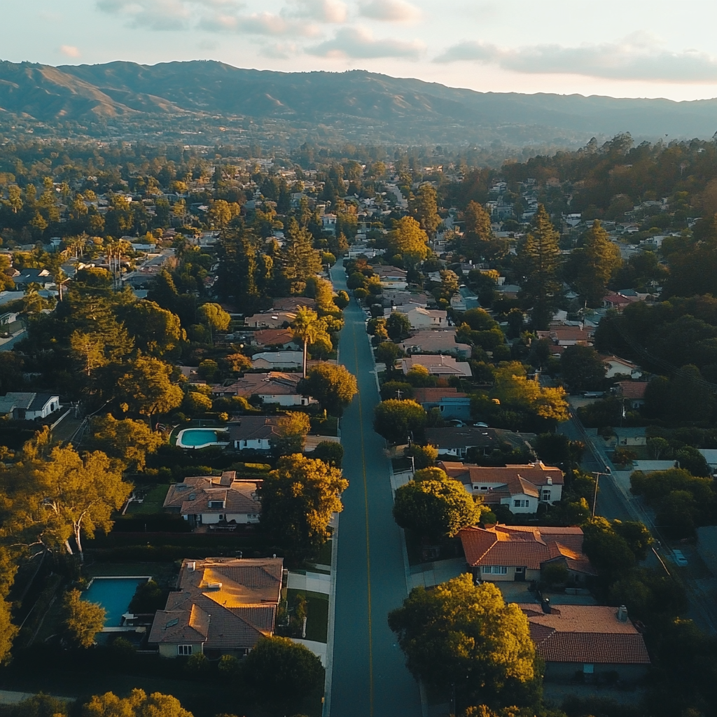 Aerial view of Bay Area neighborhoods with beautiful homes and mountains