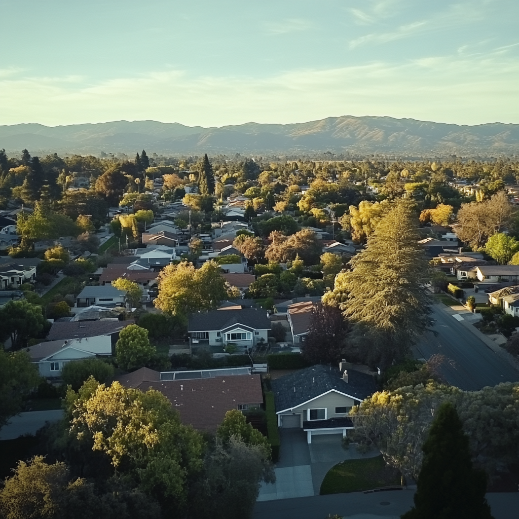 Aerial view of Bay Area residential neighborhood with mountains in the background