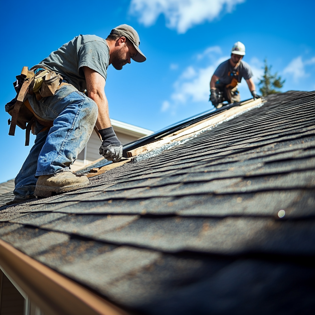 Professional roofer installing shingles on a residential roof