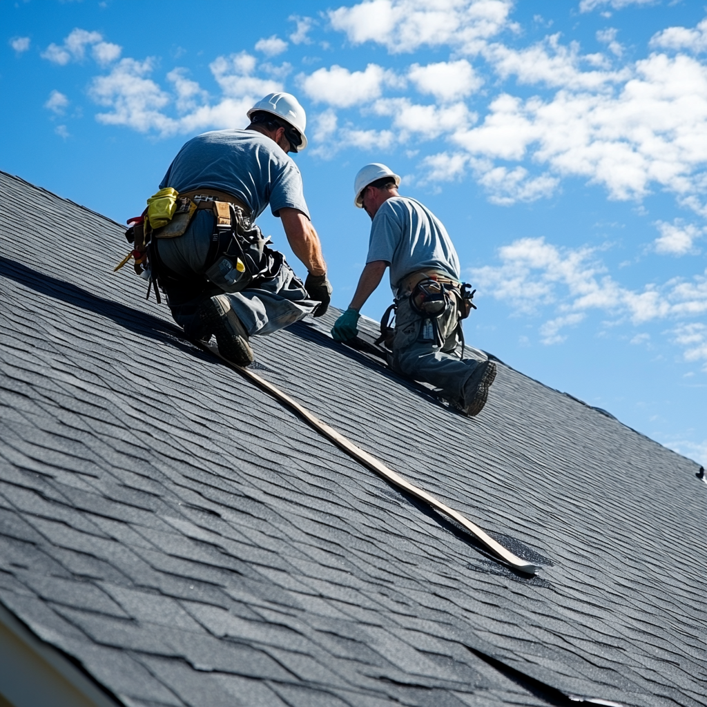 Bay Area Roofing Company team members working on a shingle roof installation